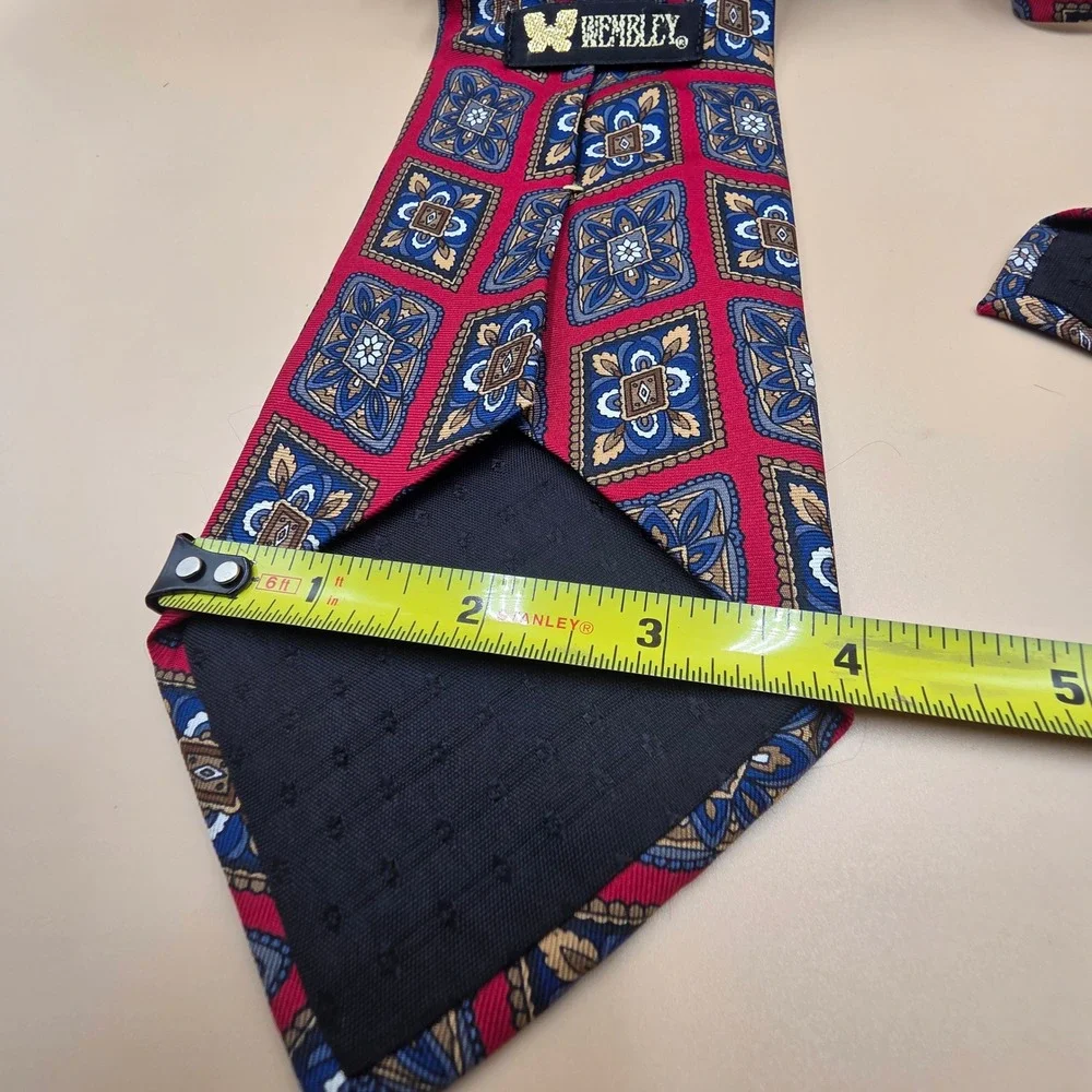 Wembley Mens Silk Necktie Red Blue Gold Geometric Medallion Pattern Made in USA